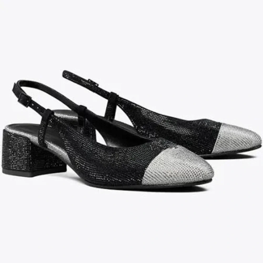 Tory Burch Black Silver Crystal Embellished Cap Toe Slingback Pumps Size 6 EUC‎